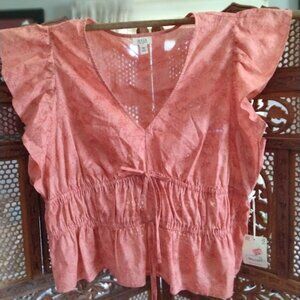 A.N.A - A New Approach- pink v-neck, short sleeve blouse. Womans drawstring
